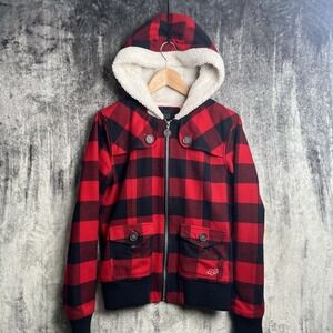 Y2K Fox Girls Racing Jacket Womens Size L Buffalo Plaid Full Zip Hooded Sherpa